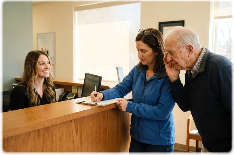 Jess at the front desk smiles at a woman filling in a form for her father.