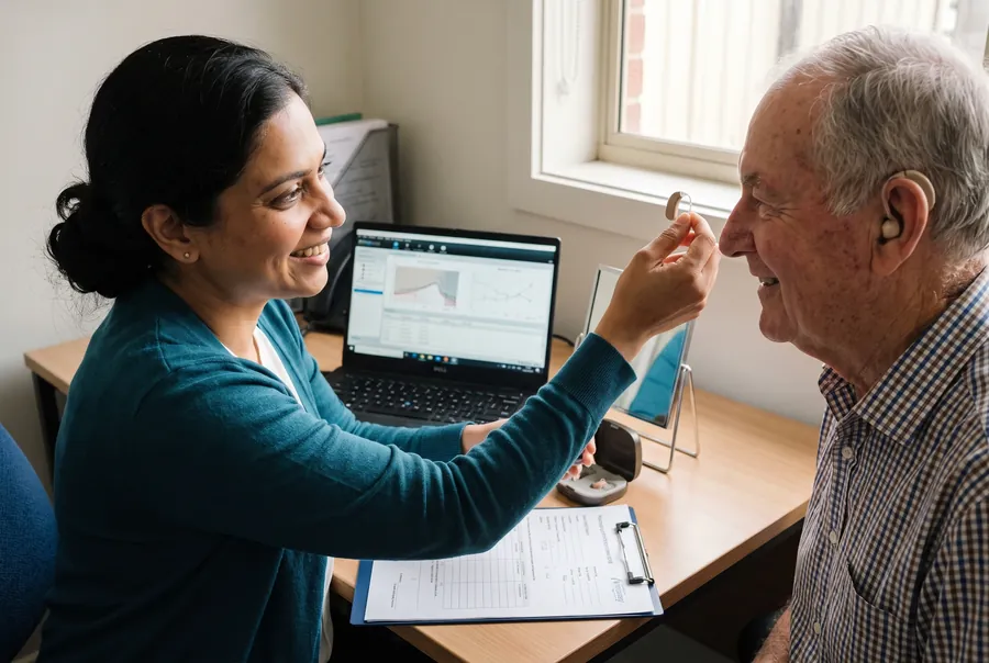 Priya holds up a small hearing aid to show a smiling older man how it sits behind his ear, his audiogram on the laptop beside them.