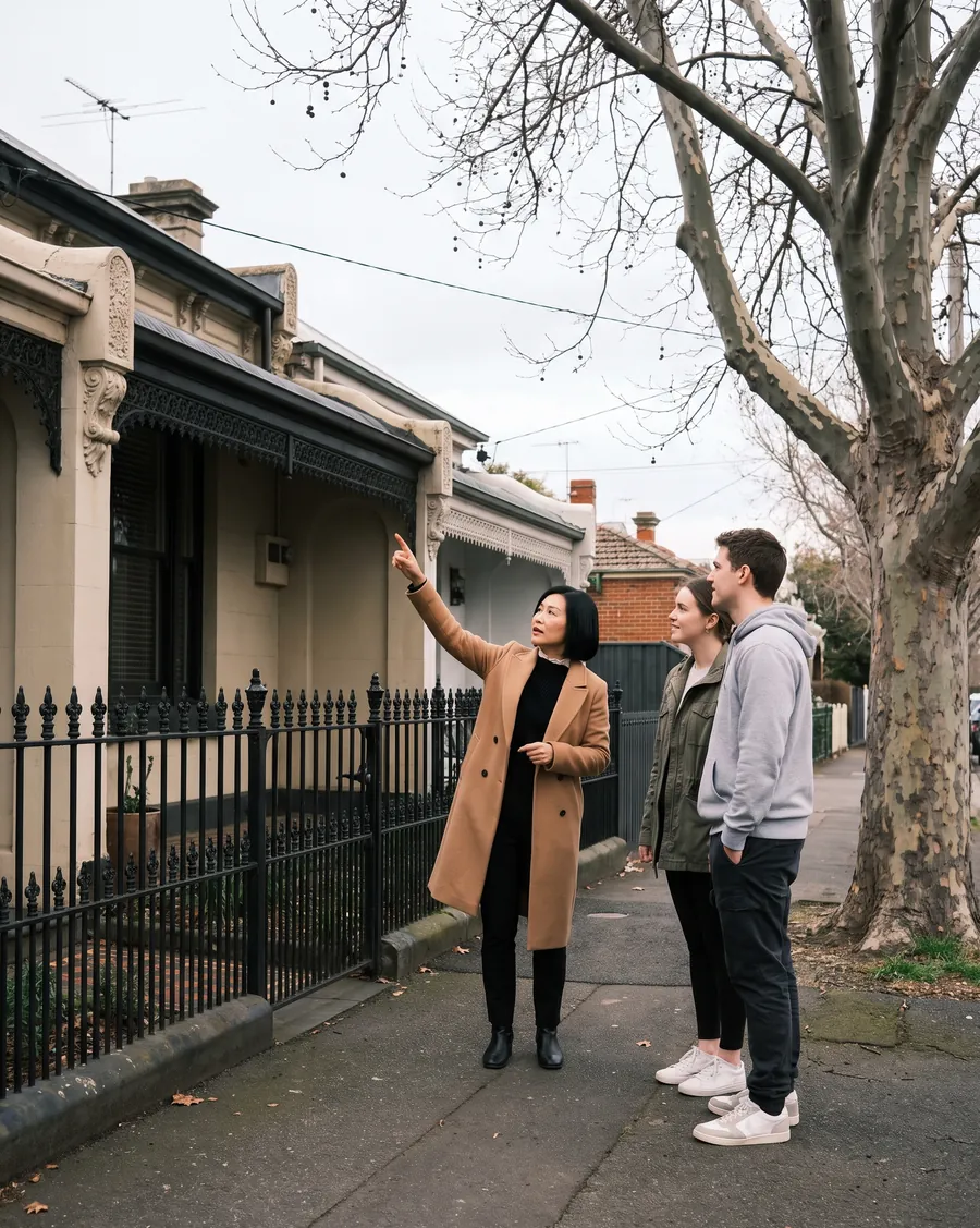 Vivian Liang, in a camel coat, points up at the roofline of a cream Victorian terrace with iron lace and an iron fence, while a young couple beside her on the footpath look up where she’s pointing.