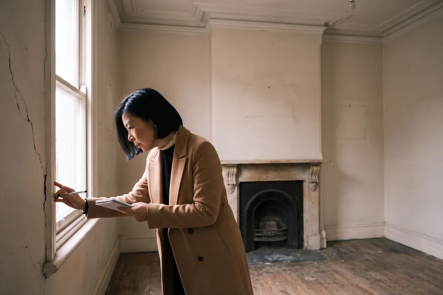 Vivian Liang, in a camel coat, leans in to trace a crack in the plaster beside a tall window, notebook in hand, in an empty period room with a marble fireplace.