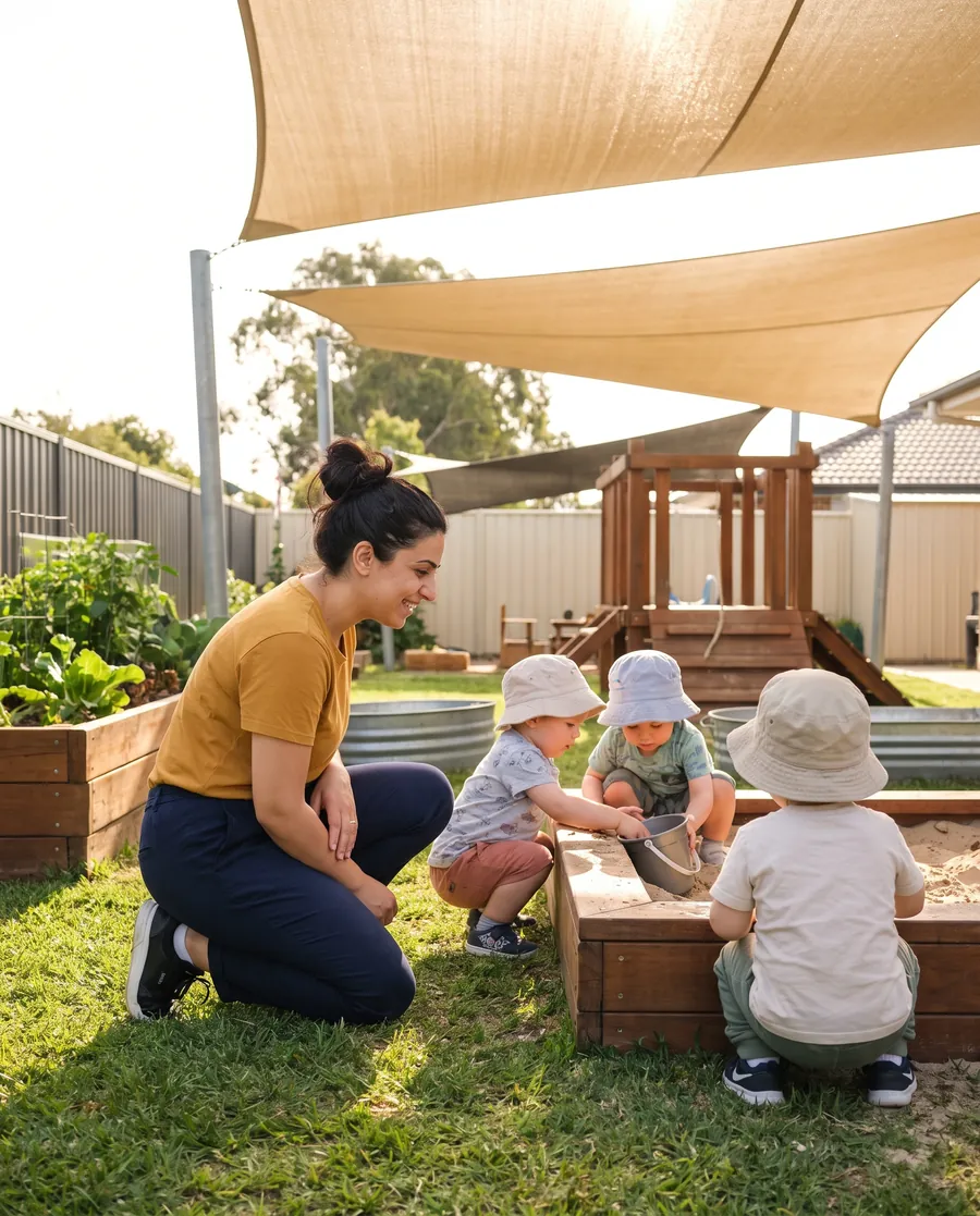 Rania Saleh, the centre director, kneeling on the grass and smiling while three toddlers in sun hats dig in the sandpit under the shade sails.