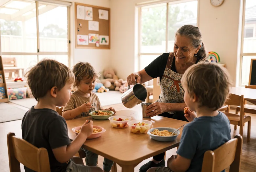 An educator in an apron smiling as she pours water for three preschoolers eating pasta and fruit at a low table.