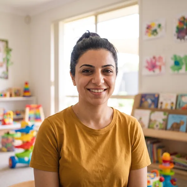Rania Saleh, smiling, in a room with picture books and children’s paintings behind her.