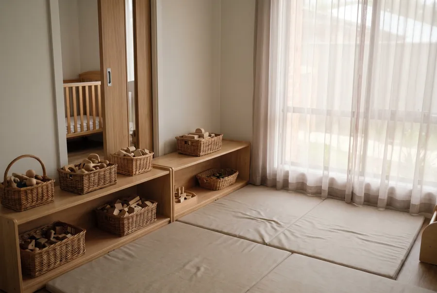 The Wrens room: low wooden shelves with baskets of wooden toys, soft floor mats by a curtained window, and a cot through the open door.