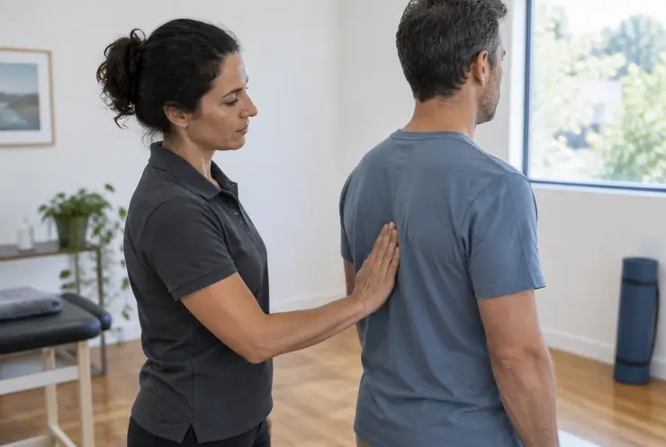 A standing posture and movement assessment, with a flat hand on the mid-back