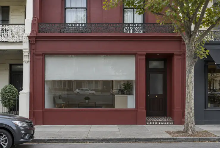 The front of our practice, a dark red shopfront on Willoughby Road