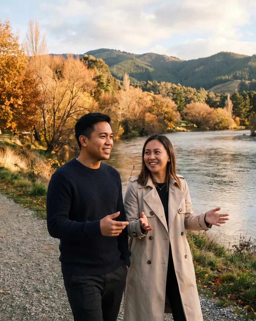 Paolo Santos, smiling, walking and talking with a client on a gravel path beside the river in autumn, both of them laughing.