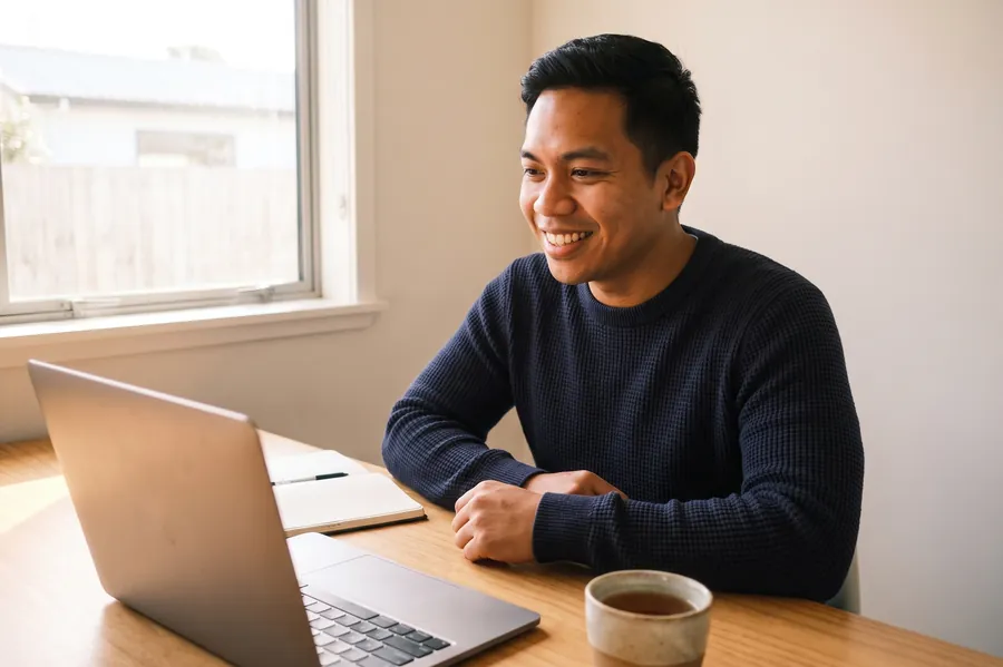 Paolo Santos at a timber desk by a window, smiling at a laptop during a video session, a notebook and a cup of tea beside him.