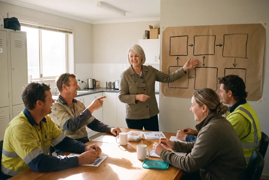 Bronwyn running a planning session in a staff lunchroom, pointing to a hand-drawn process map on brown paper while four staff, two in hi-vis, laugh and talk around the table.