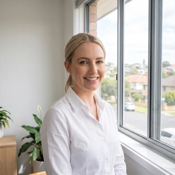 Georgia Mills, smiling, in a white shirt, standing by a window with a view over Wollongong rooftops.