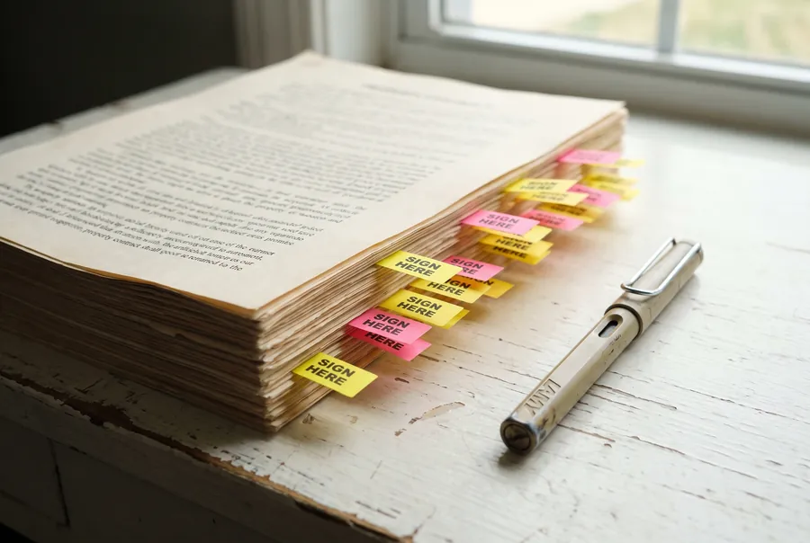 A thick contract on a windowsill with yellow and pink sign-here flags sticking out of its pages, and a pen beside it.