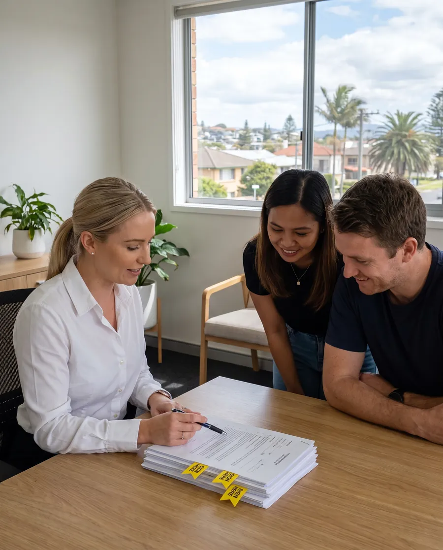 Georgia Mills, in a white shirt, pointing her pen at a contract on a meeting table, with yellow sign-here flags sticking out of the pages. A young couple leans in across the table, smiling, with a window onto Wollongong behind them.
