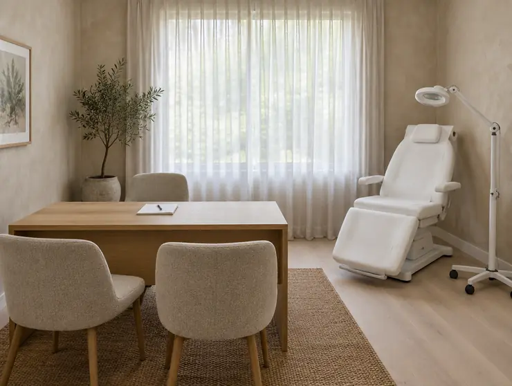 Our consultation room, with a desk and chairs and a treatment chair against the wall