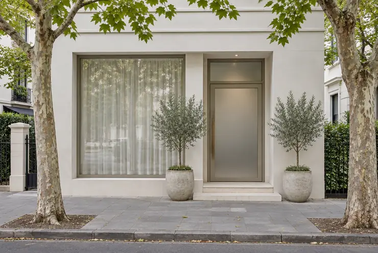 The front of the clinic on Knox Street, with a frosted glass door and potted olive trees
