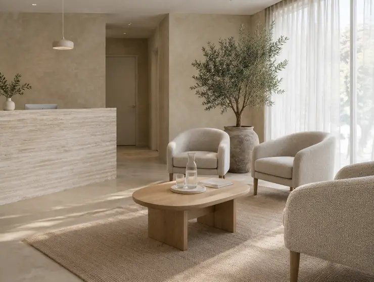 Our reception, with a stone counter and armchairs
