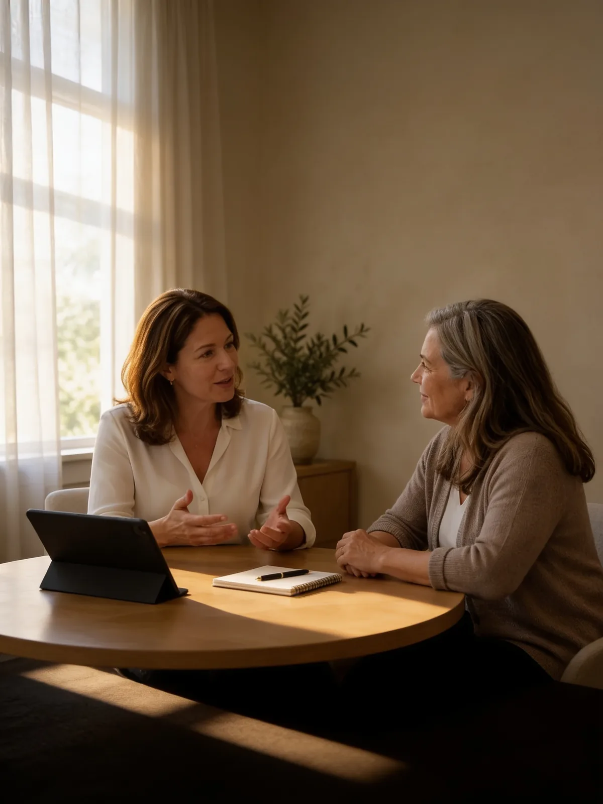 Dr Olivia Hartmann talking with a client across a consultation table