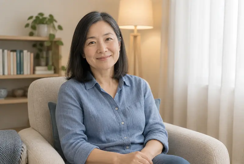 Vivienne Tang sitting in an armchair in her counselling room