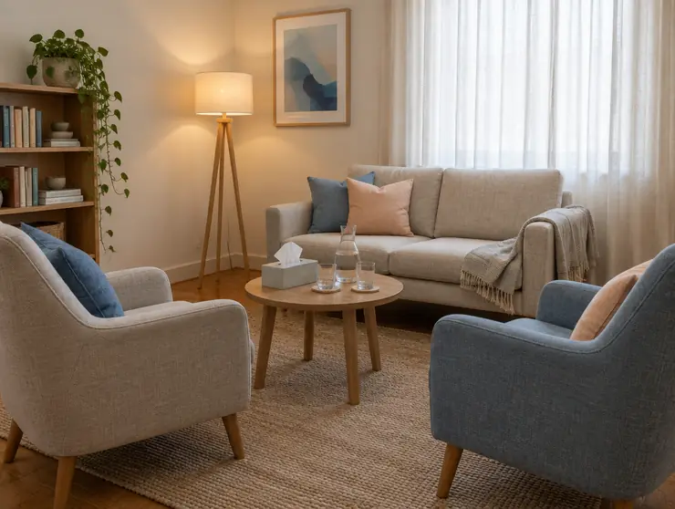 My counselling room, with two armchairs and a small sofa around a low table