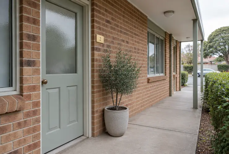 The side entrance to the suite, a door with a frosted glass panel and a small number 2 plaque