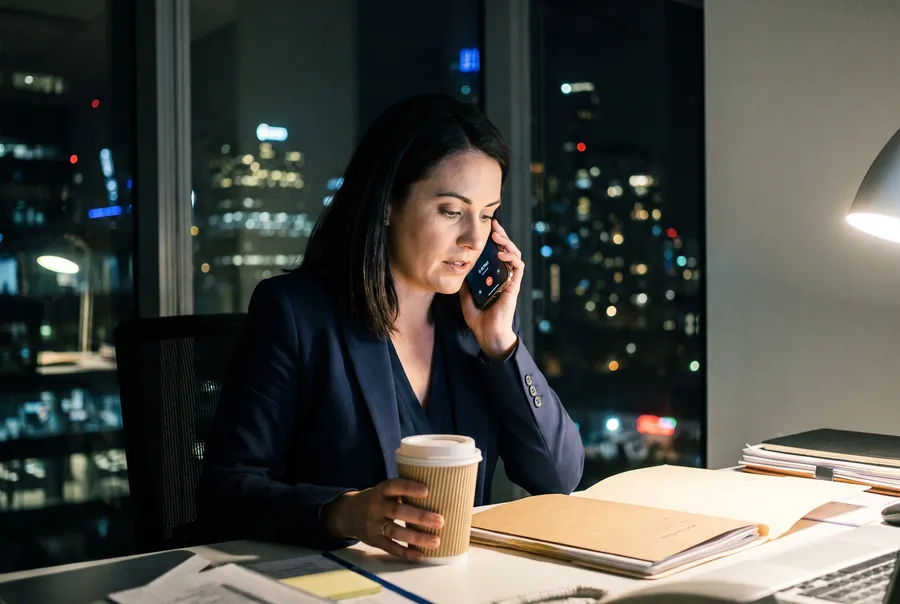 Marnie Hale at her desk in the evening, on the phone