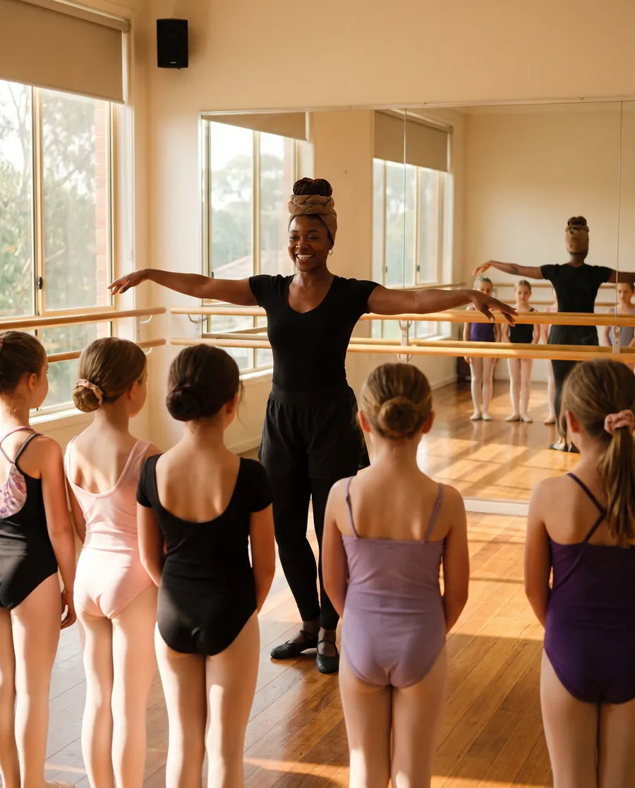 Zara Mensah smiling with her arms out, showing a junior ballet class a second position in the studio mirror
