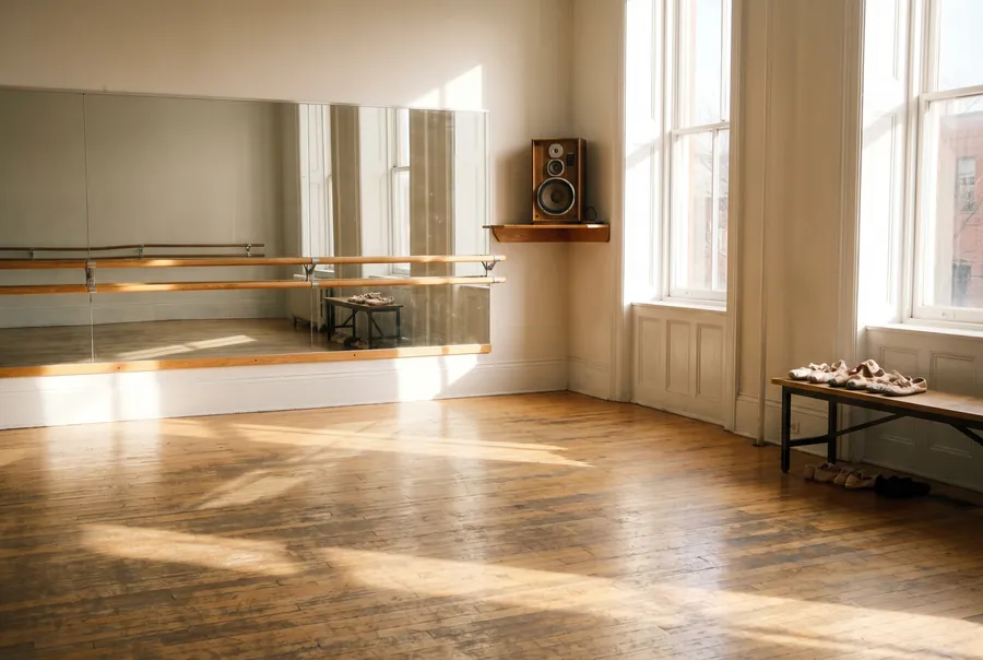 The empty studio in afternoon light: timber floor, barres along the mirror wall and a bench of ballet shoes under the windows
