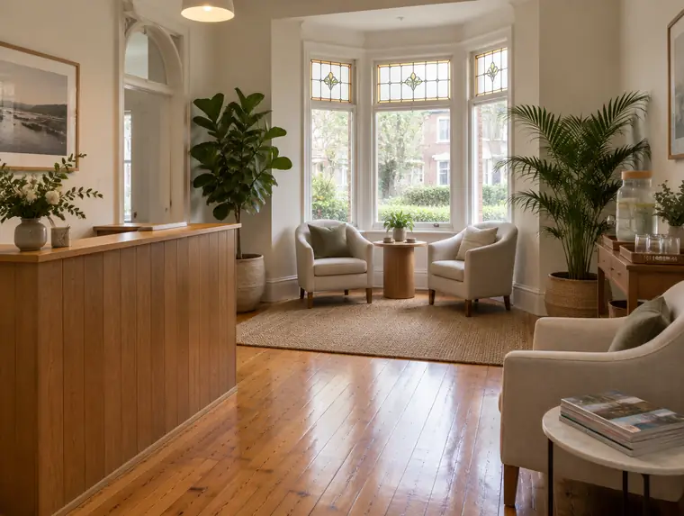 Our reception and waiting room, with armchairs and a bay window