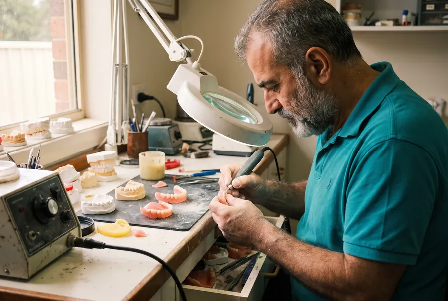 Nick at the lab bench under a magnifying lamp, shaping a pink denture, with models of teeth lined up beside him.