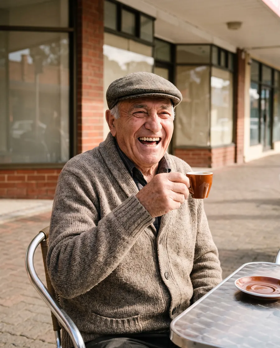 Sal, a man in his late seventies in a flat cap and cardigan, laughing over a coffee at a cafe table on the street.