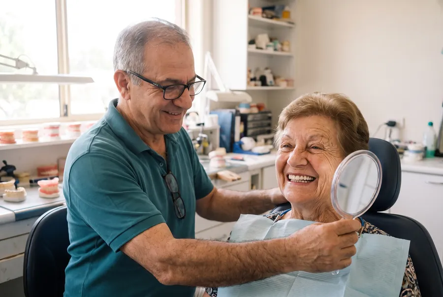Nick holds up a hand mirror and smiles as a woman in the chair laughs at her new teeth.