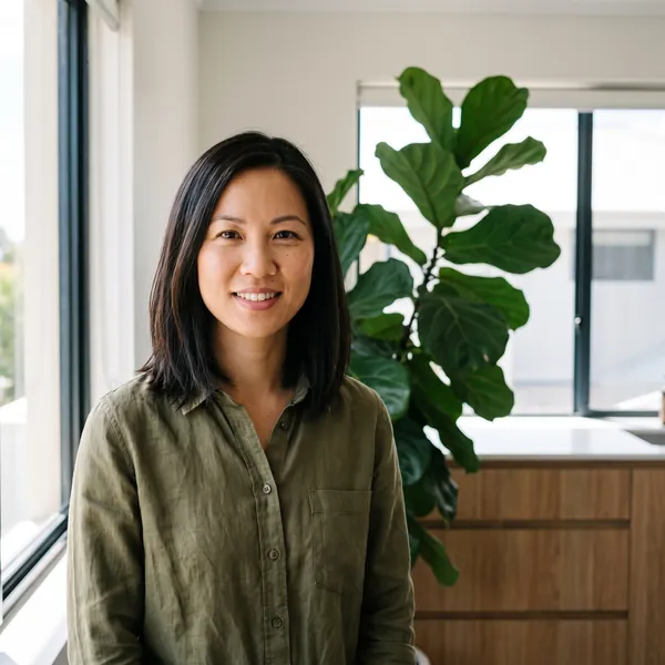 Mai Tran in the consulting room, a fig plant beside her.