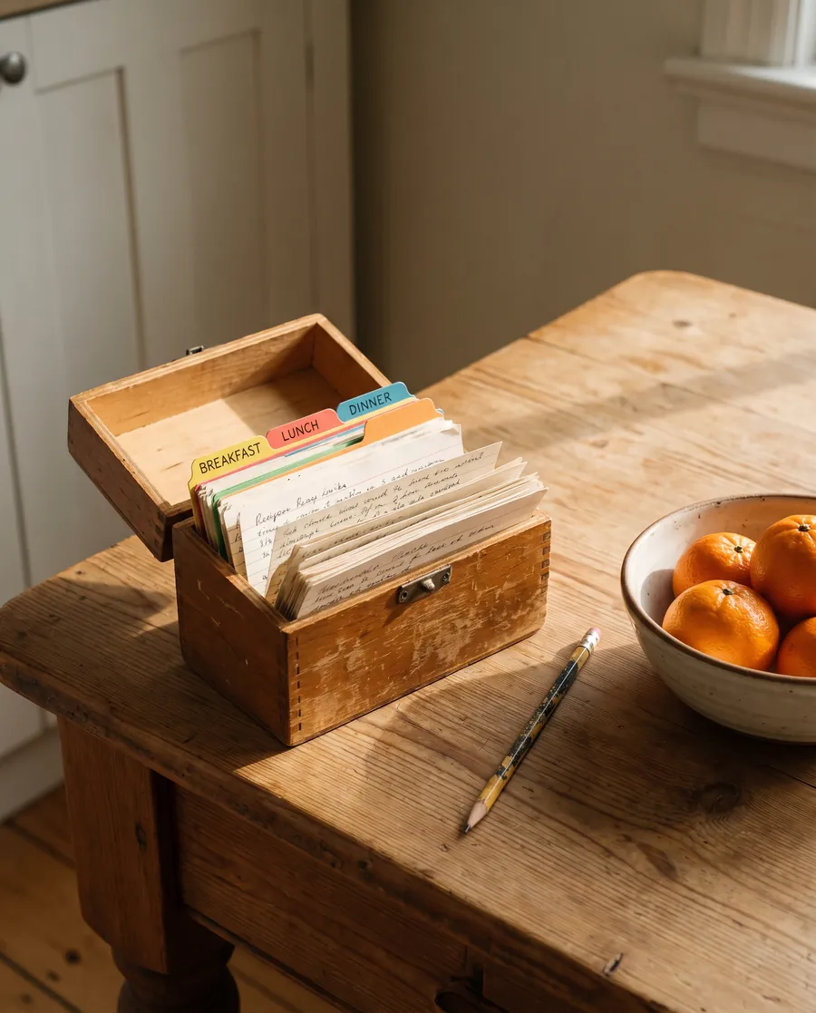 A wooden recipe card box with coloured dividers on a kitchen table, beside a bowl of mandarins.