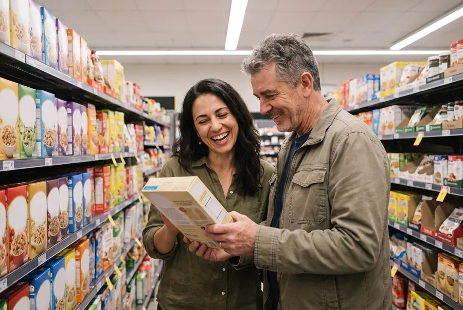 Sara and a client laughing as they read the label on a cereal box in a supermarket aisle.