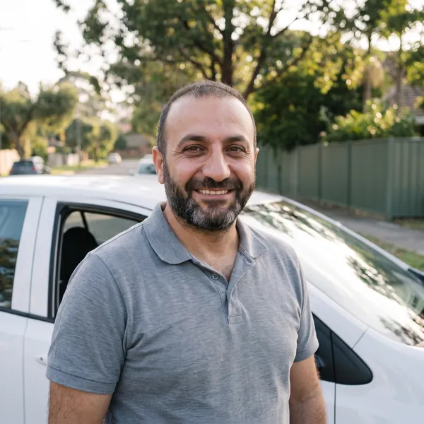 Sami Nassar smiling beside the white lesson car.