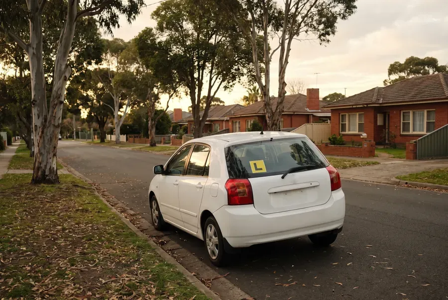 The white lesson hatch parked in a quiet street of brick houses, with an L plate in the back window.
