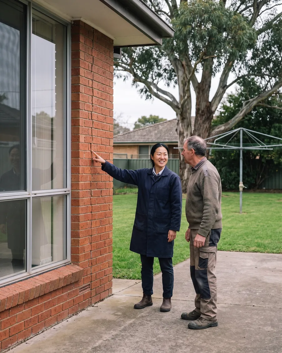 Hana Seo, smiling, points out a crack beside a window of a brick house while the owner looks on.