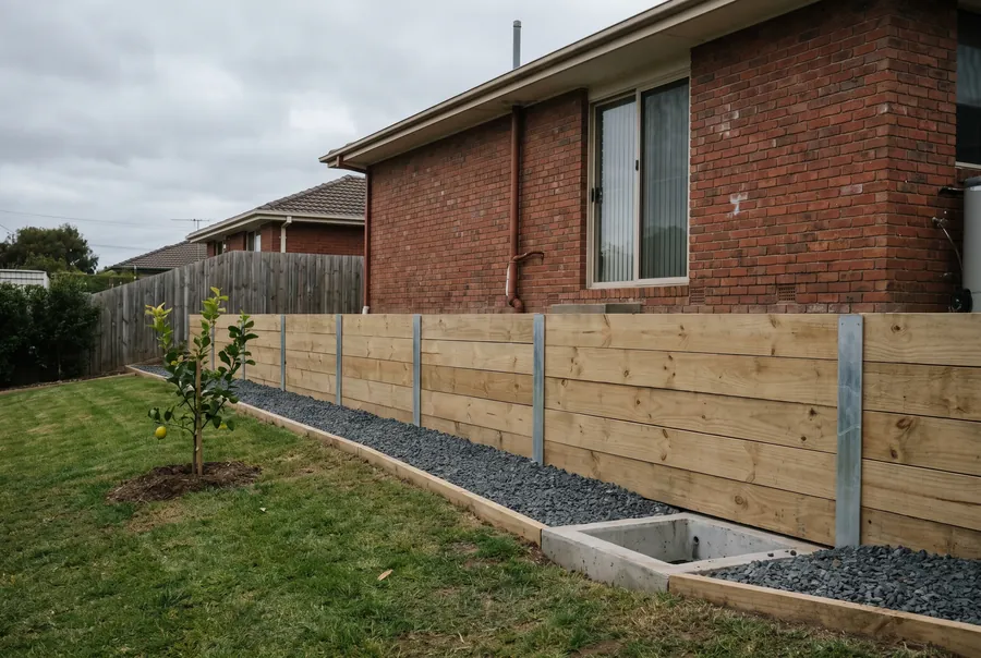 A new timber-sleeper retaining wall on galvanised steel posts, with gravel and a drainage pit along its foot.