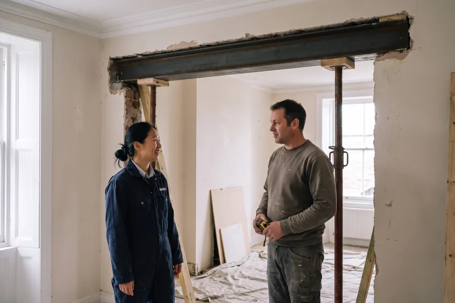 Hana and a builder talk under a new steel beam, still on temporary props, where a wall used to be.