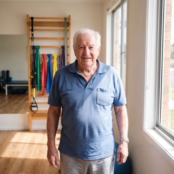 Bill, an older man in a blue polo shirt, standing in the exercise room in front of the wall bars and bands.