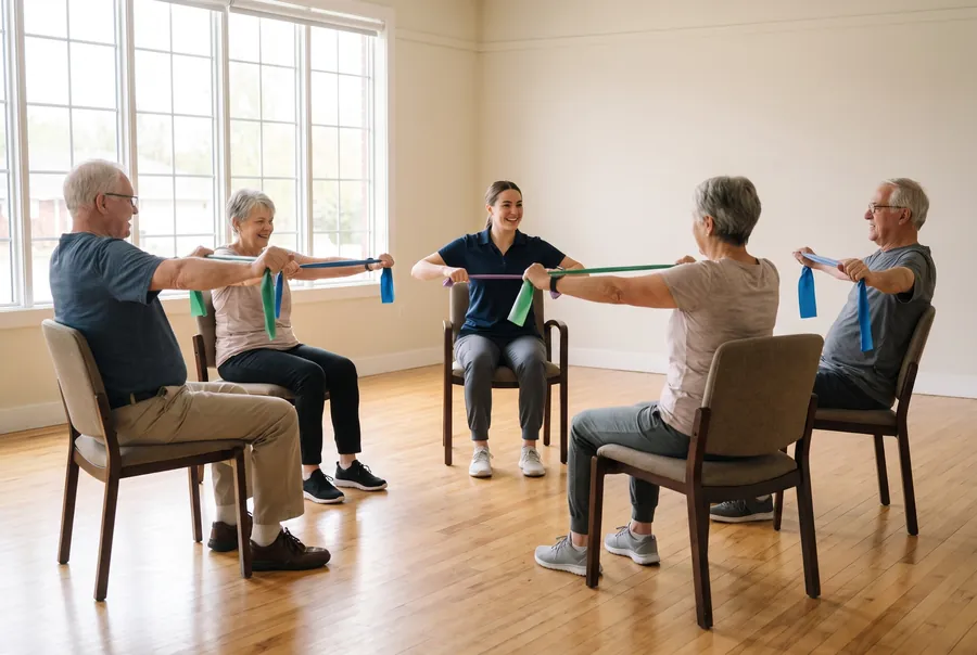 Ellie leading four older people through band exercises on chairs in a bright hall.