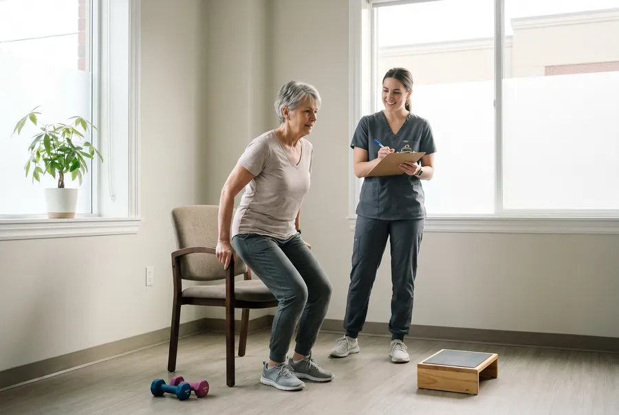 Ellie, an exercise physiologist with a clipboard, watches an older woman stand up from a chair.