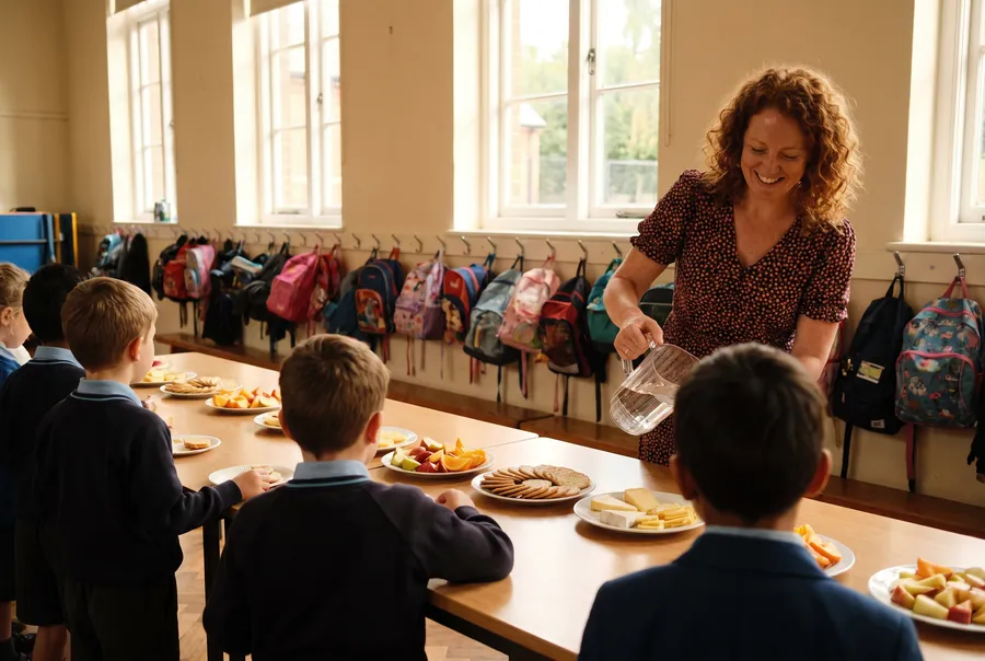 Siobhan smiling as she pours water for children at afternoon tea in the school hall, with fruit, crackers and cheese on the tables
