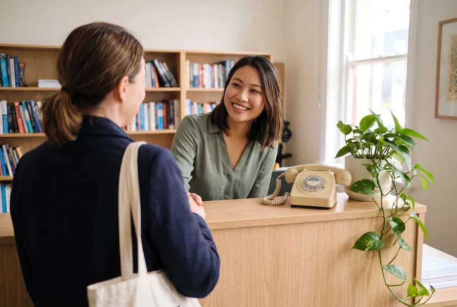 Leah Nguyen at the front desk, greeting a visitor