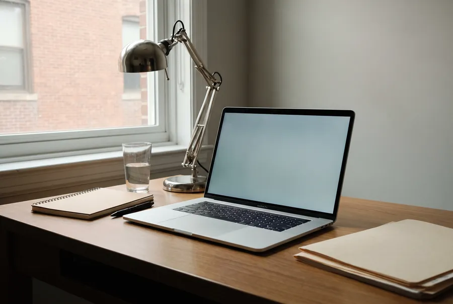 A laptop set up for a video appointment on a desk by the window