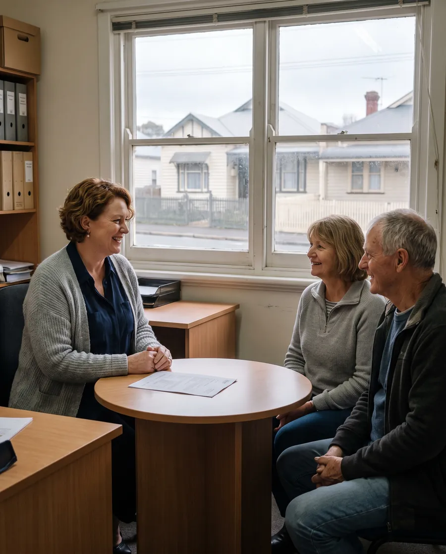 Imogen Voss, financial adviser, smiling with a retired couple at a round table in her Hobart office, a street of weatherboard houses through the window.