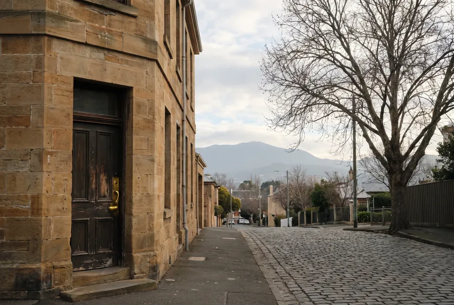 The sandstone building on Murray Street where the office is, a cobbled lane beside it and kunanyi / Mount Wellington behind.