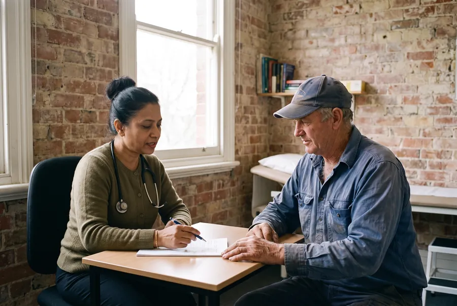 Dr Aisha Rahman talking through some notes with an older man in a work shirt and cap, at a small table in a brick-walled room.