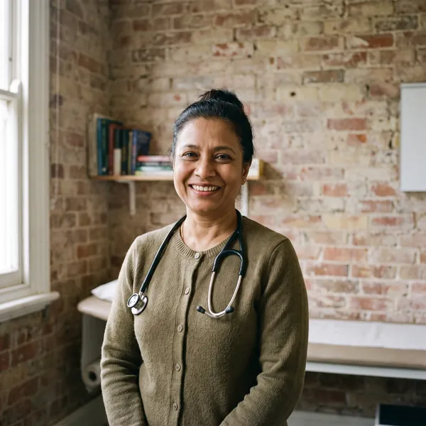 Dr Aisha Rahman, smiling, with a stethoscope over an olive cardigan.
