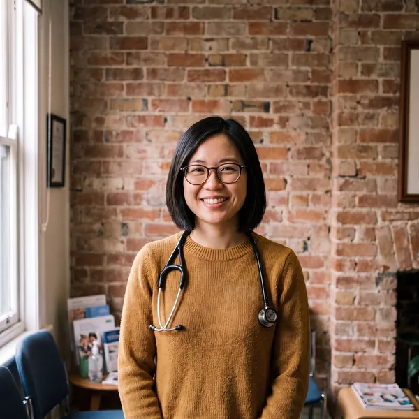 Dr Grace Liu, smiling, in glasses and a mustard jumper, in the waiting room.