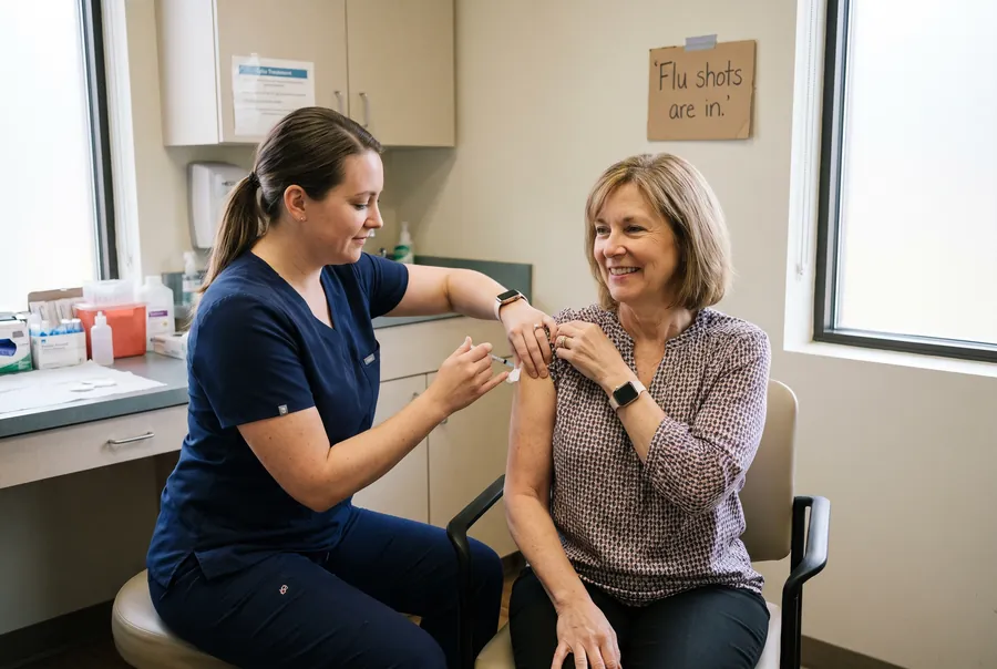 Kate, the practice nurse, giving a smiling woman a flu shot in the treatment room. A handwritten sign on the wall says flu shots are in.